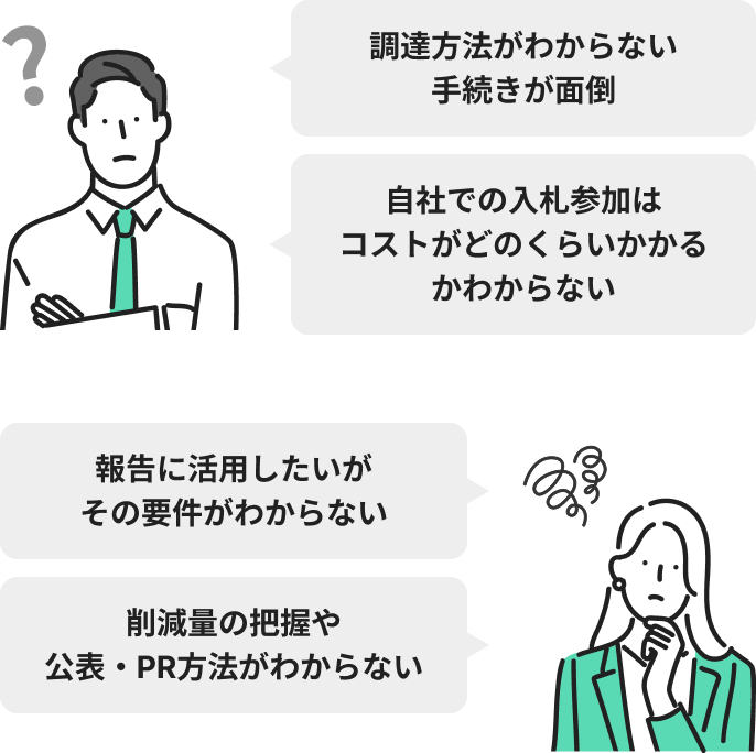 非化石証書に関する調達方法がわからない、自社での入札参加はコストがどのくらいかかるかわからない、報告に活用したいがその要件がわからない、こんなお悩みありませんか？手続きが面倒など非化石証書に対する悩みがたくさんあるユーザーのイメージ画像